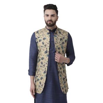 Beige Printed Linen Nehru Jacket 1