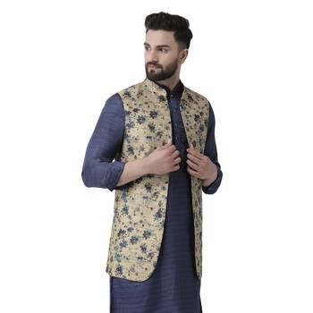 Beige Printed Linen Nehru Jacket 2