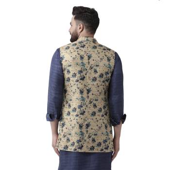 Beige Printed Linen Nehru Jacket 3