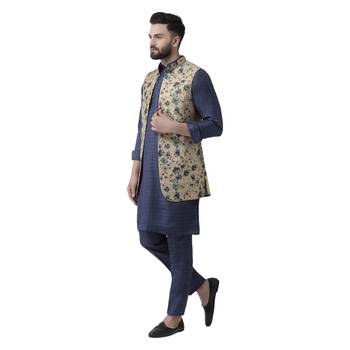 Beige Printed Linen Nehru Jacket 4