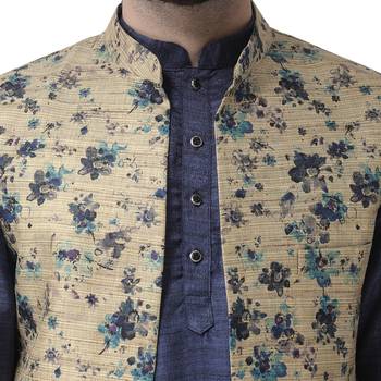 Beige Printed Linen Nehru Jacket 5