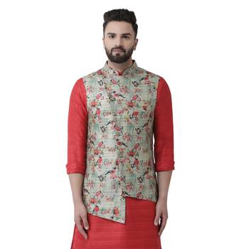 Green Printed Linen Nehru Jacket 1