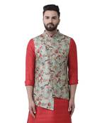 Green Printed Linen Nehru Jacket
