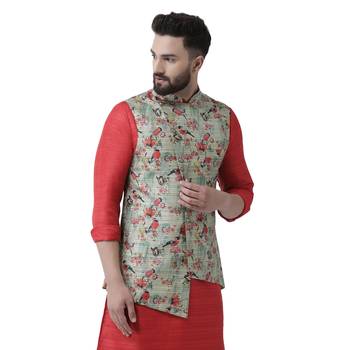 Green Printed Linen Nehru Jacket 2
