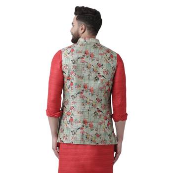 Green Printed Linen Nehru Jacket 3