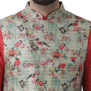 Green Printed Linen Nehru Jacket 5