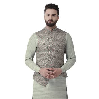 Green Printed Pure Silk Nehru Jacket 1