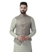 Green Printed Pure Silk Nehru Jacket