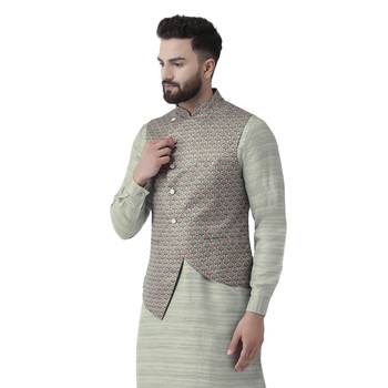 Green Printed Pure Silk Nehru Jacket 2