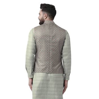Green Printed Pure Silk Nehru Jacket 3