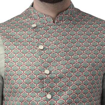 Green Printed Pure Silk Nehru Jacket 5