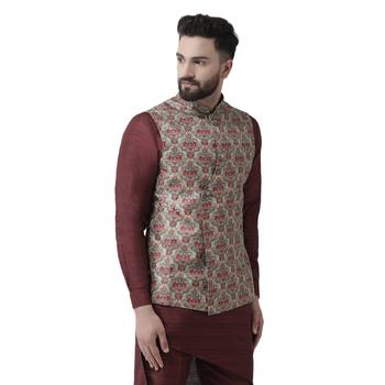 Green Printed Pure Silk Nehru Jacket 2