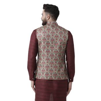 Green Printed Pure Silk Nehru Jacket 3