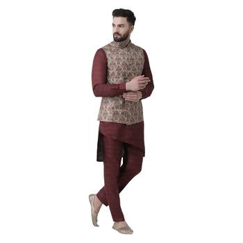 Green Printed Pure Silk Nehru Jacket 4
