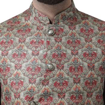 Green Printed Pure Silk Nehru Jacket 5