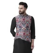 White Printed Silk Blend Nehru Jacket