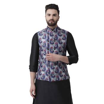 Grey Printed Silk Blend Nehru Jacket 1