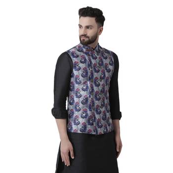 Grey Printed Silk Blend Nehru Jacket 2