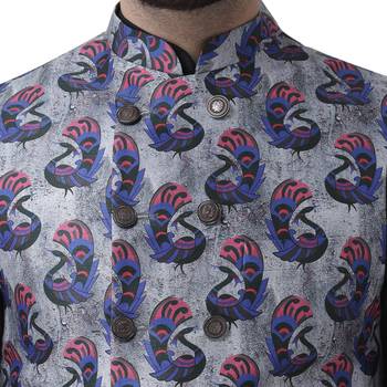Grey Printed Silk Blend Nehru Jacket 5