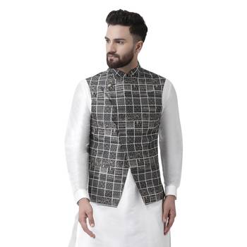 Black Printed Silk Blend Nehru Jacket 1