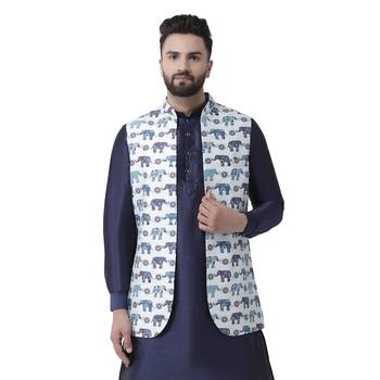 White Printed Silk Blend Nehru Jacket 1