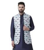 White Printed Silk Blend Nehru Jacket