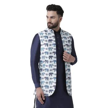 White Printed Silk Blend Nehru Jacket 2