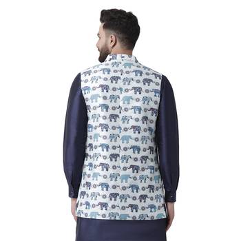 White Printed Silk Blend Nehru Jacket 3
