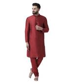 Maroon Plain Dupion Silk Men Kurtas
