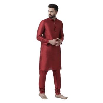 Maroon Plain Dupion Silk Men Kurtas 4