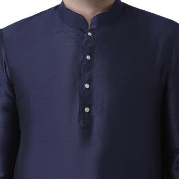Blue Plain Dupion Silk Men Kurtas 5