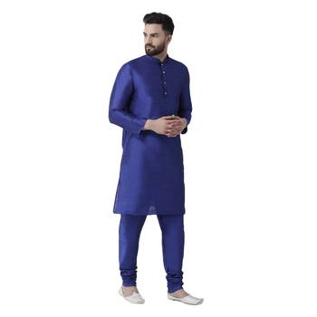 Blue Plain Dupion Silk Men Kurtas 4