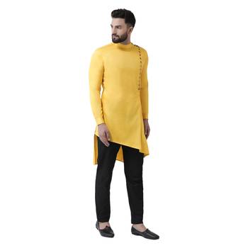 Yellow Plain Cotton Men Kurtas 4