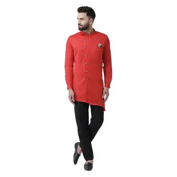 Red Plain Cotton Men Kurtas 1