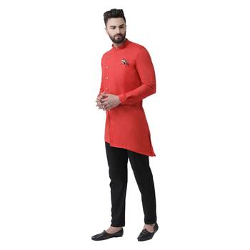 Red Plain Cotton Men Kurtas 2