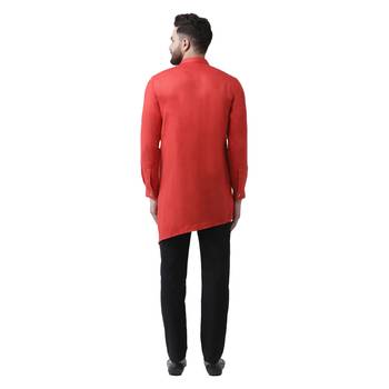 Red Plain Cotton Men Kurtas 3