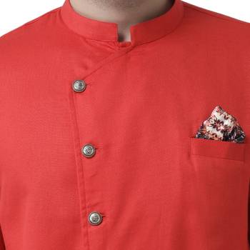Red Plain Cotton Men Kurtas 5