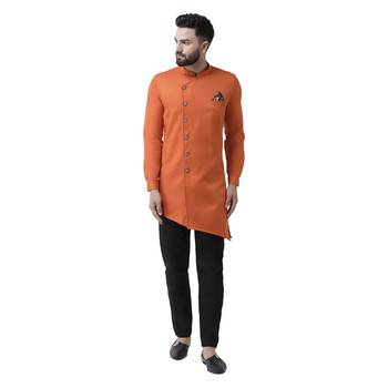 Orange Plain Cotton Men Kurtas 1