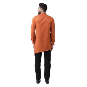Orange Plain Cotton Men Kurtas 3