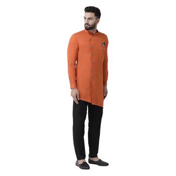 Orange Plain Cotton Men Kurtas 4
