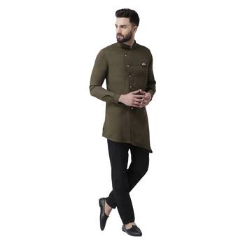 Green Plain Cotton Men Kurtas 4