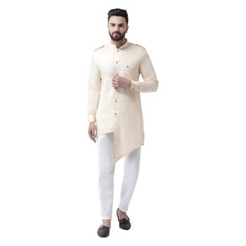 Beige Plain Cotton Men Kurtas 1