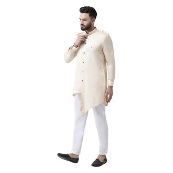Beige Plain Cotton Men Kurtas 2