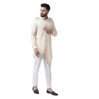 Beige Plain Cotton Men Kurtas 4