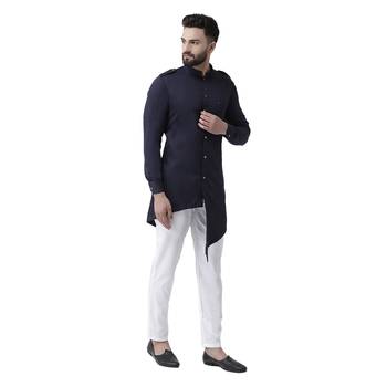Blue Plain Cotton Men Kurtas 4