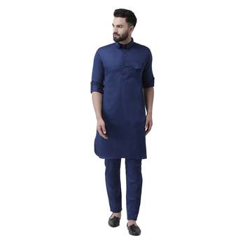 Blue Plain Cotton Men Kurtas 1