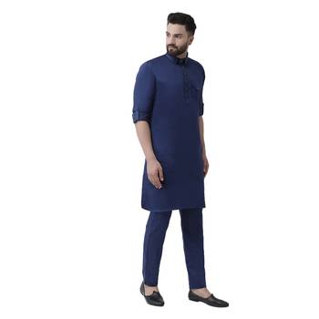 Blue Plain Cotton Men Kurtas 4