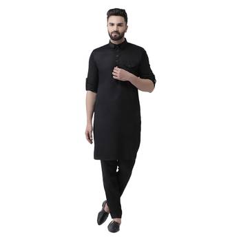 Black Plain Cotton Men Kurtas 1