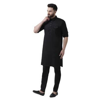 Black Plain Cotton Men Kurtas 2