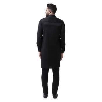Black Plain Cotton Men Kurtas 3